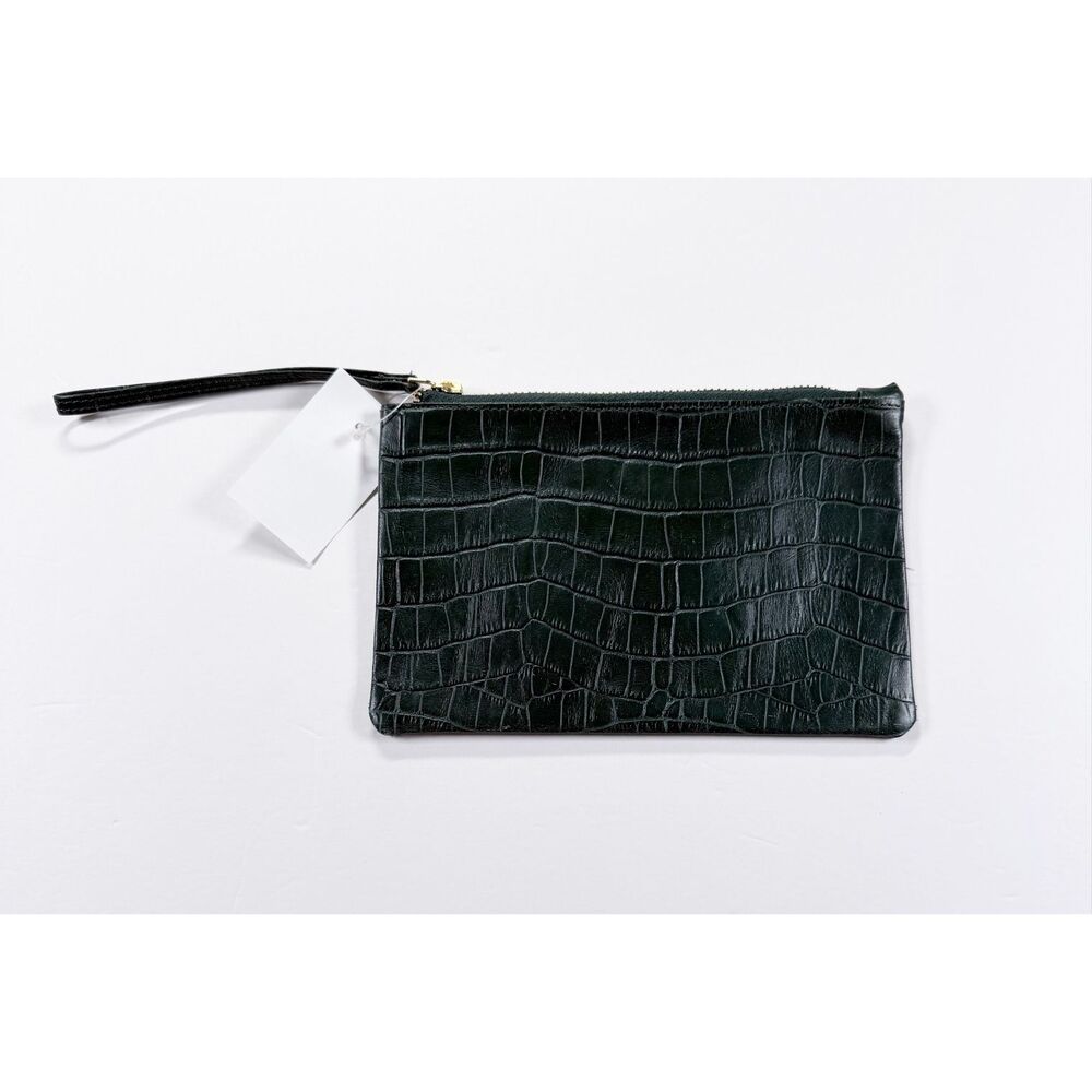 J.Crew 100% Leather Wristlet Wallet Green Croc Embossed Gold Zippper Pouch NWT
